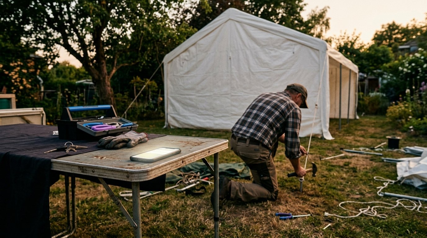 A phone lighting up face-down on a folding table while its owner is busy across a backyard event setup
