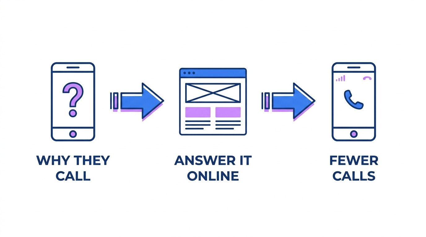 Three steps turning repeat phone questions into answers the caller finds first; render exactly: "WHY THEY CALL", "ANSWER IT ONLINE", "FEWER CALLS"