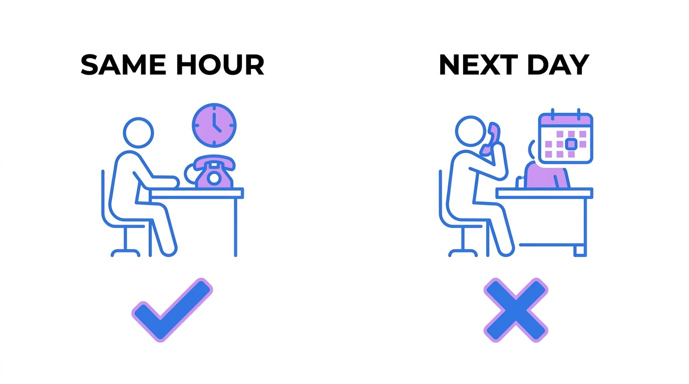 Two columns comparing a callback made the same hour with one made the next day; render exactly: "SAME HOUR", "NEXT DAY"