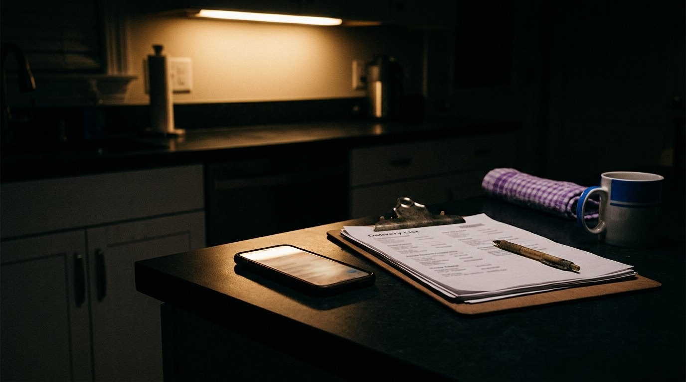 A phone glowing on a dark kitchen counter late at night next to tomorrow's delivery schedule