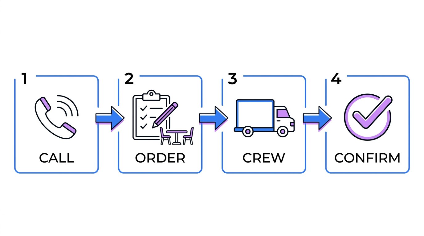 A customer request traveling from the phone call to the written order to the crew; render exactly: "CALL", "ORDER", "CREW", "CONFIRM"
