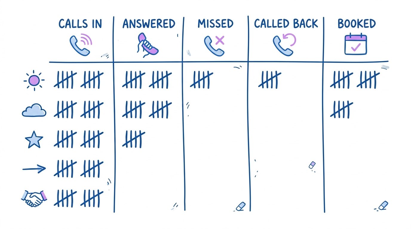 A hand-drawn whiteboard tally with five columns for one week of calls; render exactly: "CALLS IN", "ANSWERED", "MISSED", "CALLED BACK", "BOOKED"