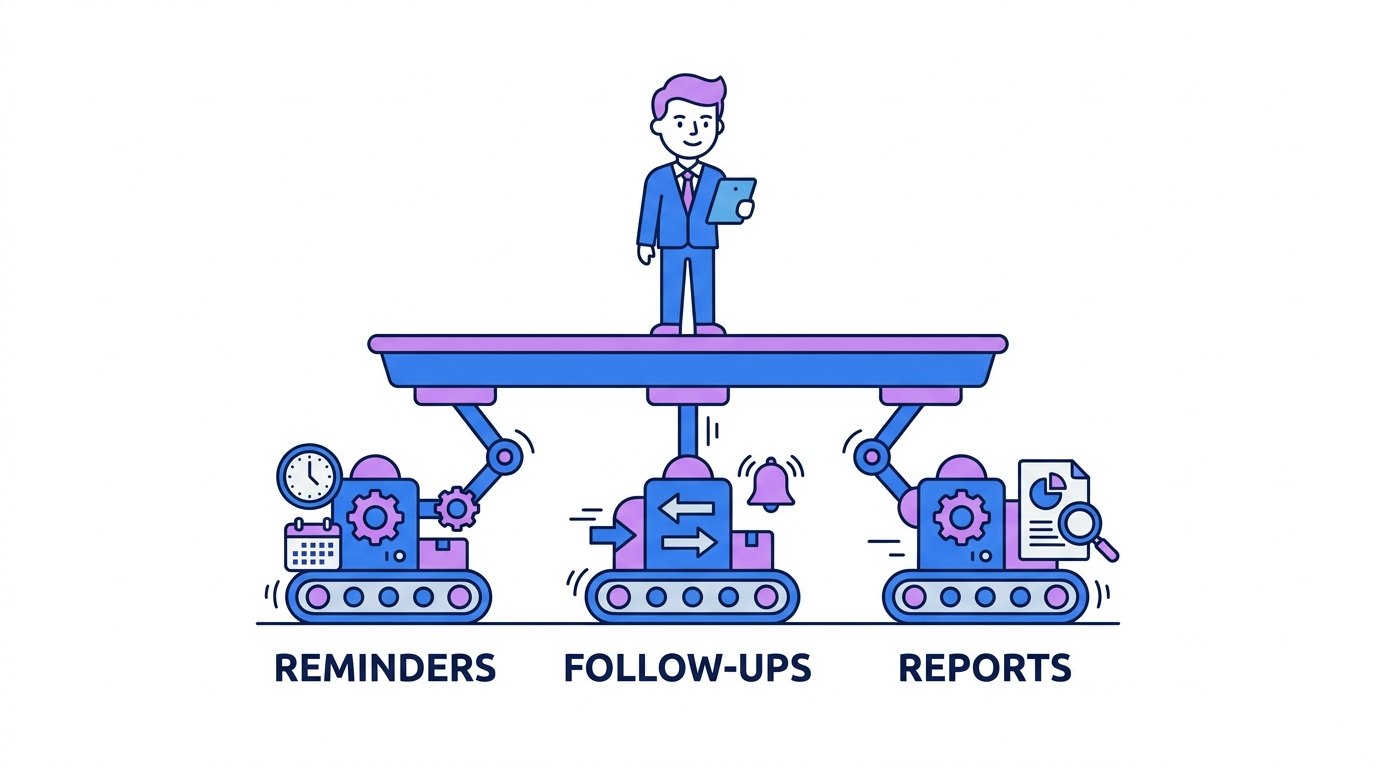 One owner standing on a platform supported by small repeating machines labeled with chores; render exactly: "REMINDERS", "FOLLOW-UPS", "REPORTS"