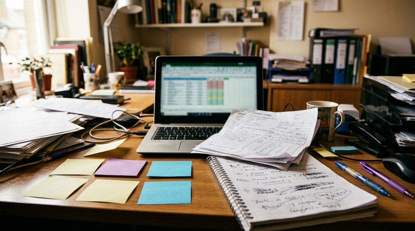 A cluttered office desk with paper order forms, a notebook, a laptop spreadsheet and sticky notes all holding pieces of the same booking