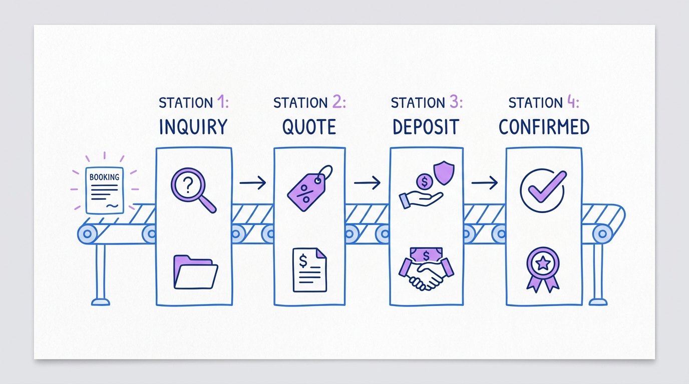 A booking inquiry drawn as a short conveyor belt of written steps on a sheet of paper; render exactly: "INQUIRY", "QUOTE", "DEPOSIT", "CONFIRMED"