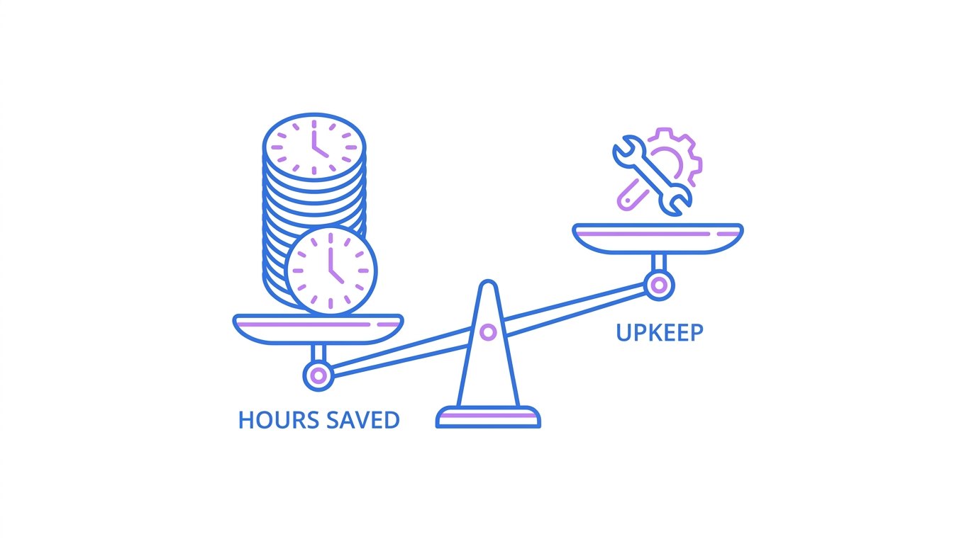 A simple scale weighing hours saved and calls caught against time spent maintaining a new system; render exactly: "HOURS SAVED", "UPKEEP"